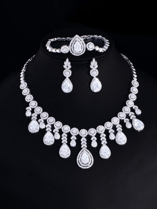 Four piece set Brass Cubic Zirconia  Luxury Water Drop  Ring Earring Bangle And Necklace Set