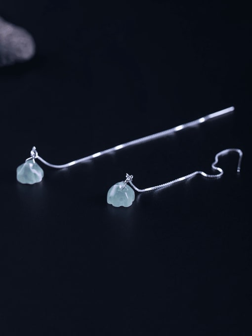 SILVER MI 925 Sterling Silver Jade Flower Tassel Minimalist Threader Earring 0