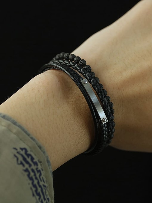 Open Sky Titanium Steel Artificial Leather Weave Hip Hop Bracelet 1
