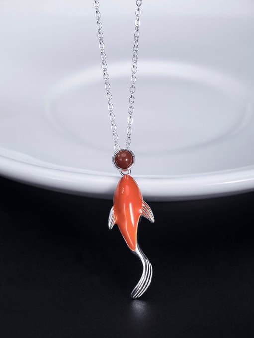 SILVER MI 925 Sterling Silver Carnelian  Minimalist Fish Pendant Necklace 1