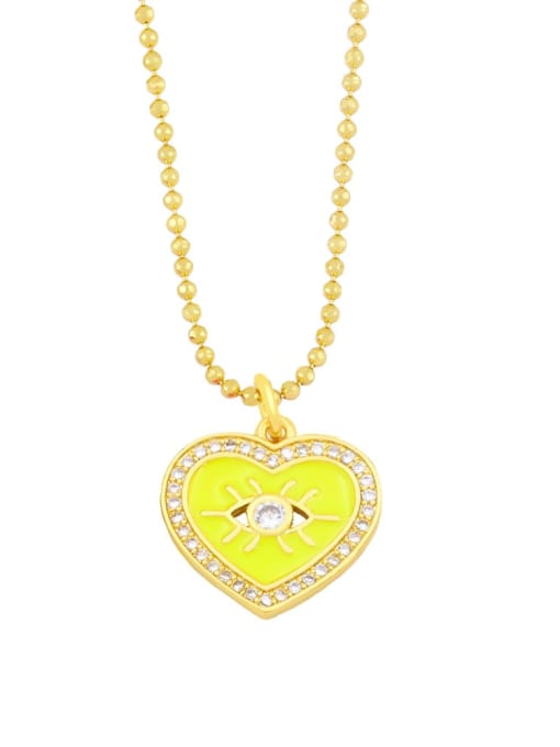 yellow Brass Rhinestone Enamel Evil Eye Vintage Heart  Pendant Necklace