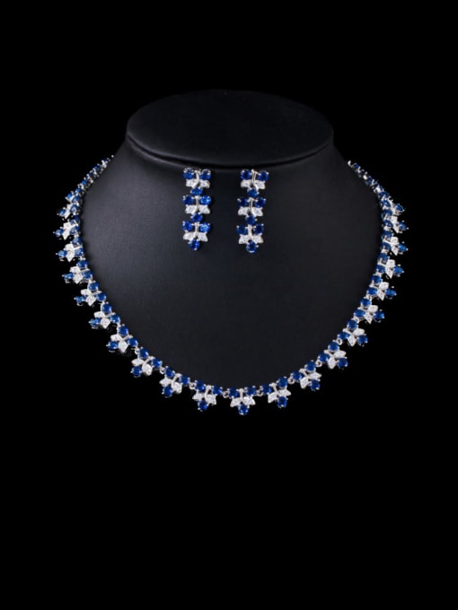 blue Brass Cubic Zirconia Luxury Flower Earring and Necklace Set