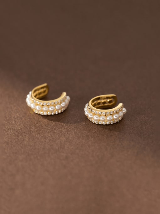 gold 925 Sterling Silver Imitation Pearl Geometric Minimalist Clip Earring