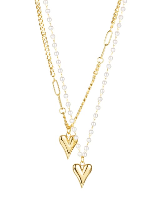 2073  gold Titanium Steel Imitation Pearl Heart Minimalist Multi Strand Necklace