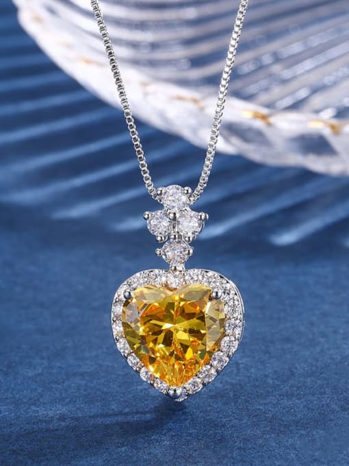 Yellow Diamond Pendant Brass Cubic Zirconia Luxury Heart Earring and Necklace Set