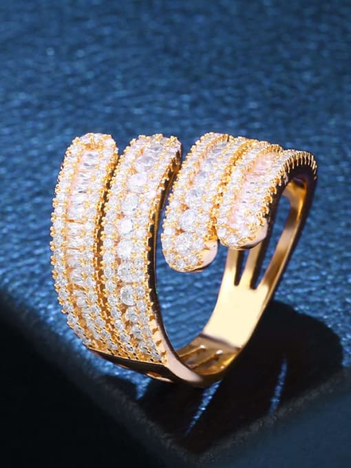 golden Brass Cubic Zirconia Geometric Statement Cocktail Ring