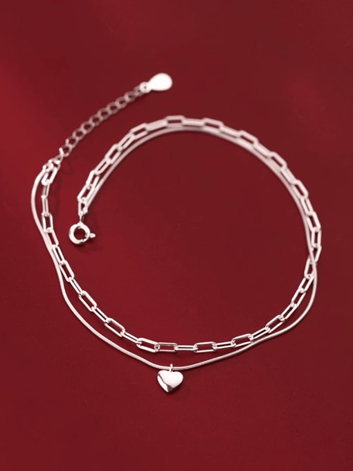 Rosh 925 Sterling Silver Heart Minimalist Double Layer Chain Anklet 0