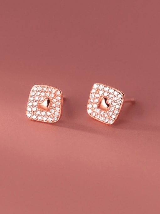 rose gold 925 Sterling Silver Cubic Zirconia Square Minimalist Stud Earring