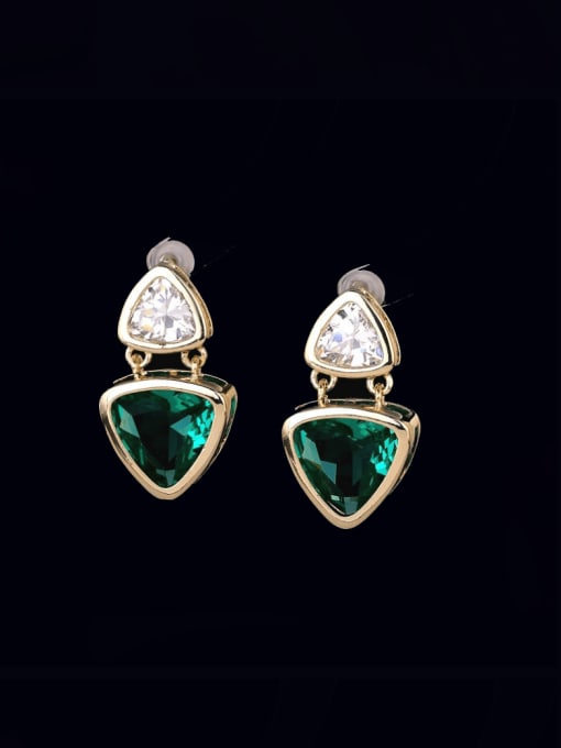 green Brass Glass Stone Geometric Minimalist Drop Earring