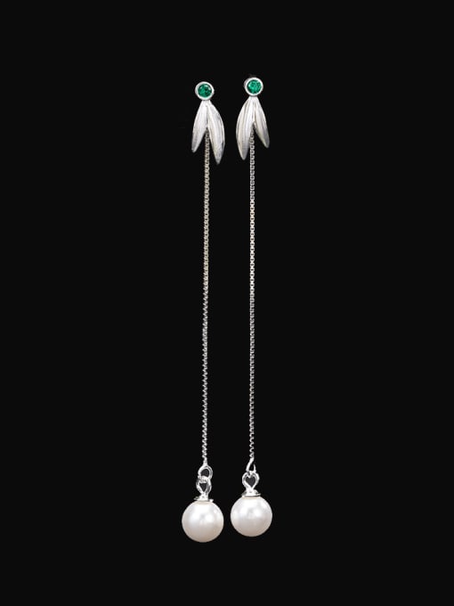 SILVER MI 925 Sterling Silver Imitation Pearl Tassel Minimalist Threader Earring 1