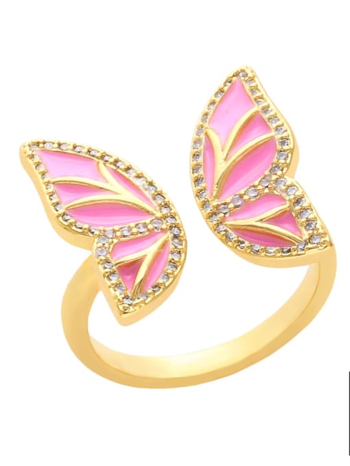 K (pink) Brass Enamel Cubic Zirconia Butterfly Hip Hop Band Ring