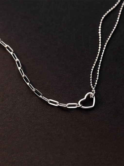Rosh 925 Sterling Silver Heart Minimalist Multi Strand  Asymmetrical Double Chain Necklace 2