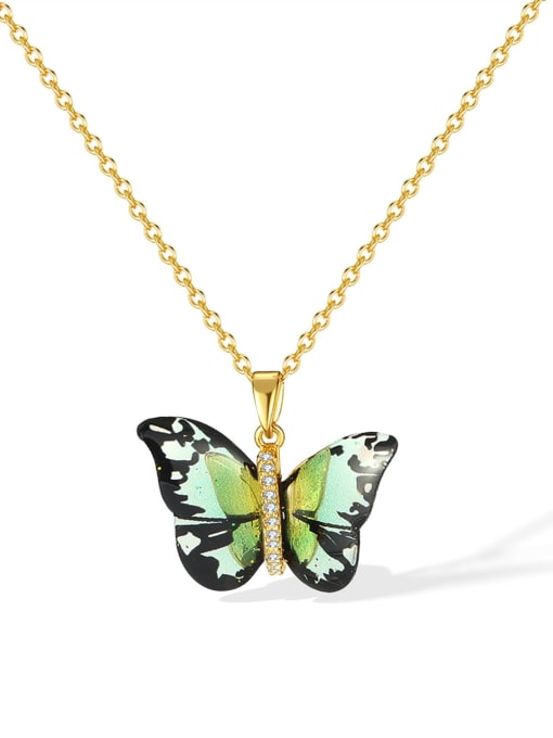 GDX124 Steel Chain Copper Pendant Green Brass Glass Stone Butterfly Minimalist Necklace