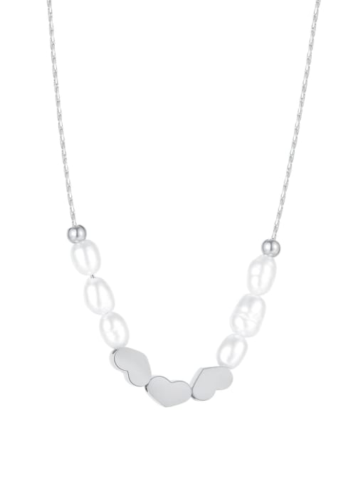 Open Sky Titanium Steel Freshwater Pearl Heart Minimalist Necklace 3
