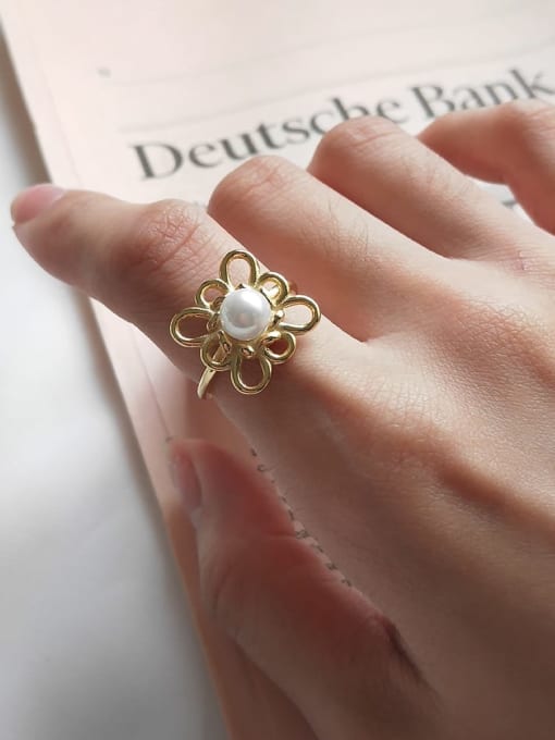 Boomer Cat 925 Sterling Silver Imitation Pearl Hollow  Flower Minimalist Free Size Band Ring 3