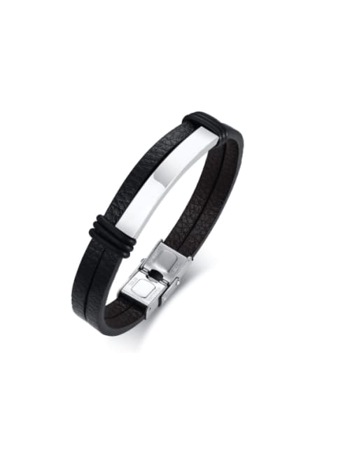 Steel color Stainless steel Leather Geometric Hip Hop Band Bangle