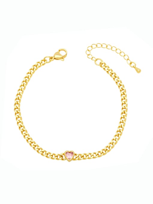 Pink Brass Cubic Zirconia Heart Vintage Link Bracelet