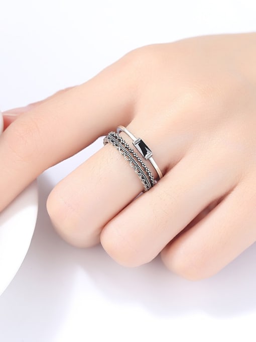 CCUI 925 Sterling Silver Cubic Zirconia Black Geometric Vintage Free Size  Stackable Ring 1
