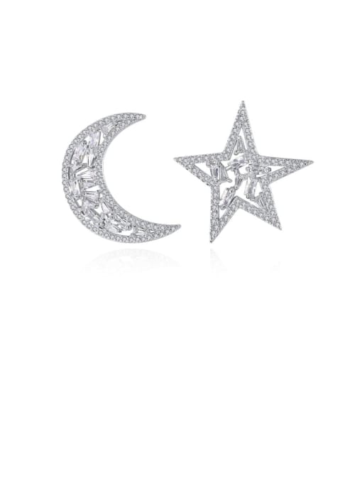 BLING SU Copper Cubic Zirconia Asymmetric stars moon  Luxury Stud Earring 0