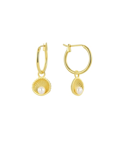 Gold Shell Bead Earrings Brass Imitation Pearl Geometric Minimalist Huggie Earring