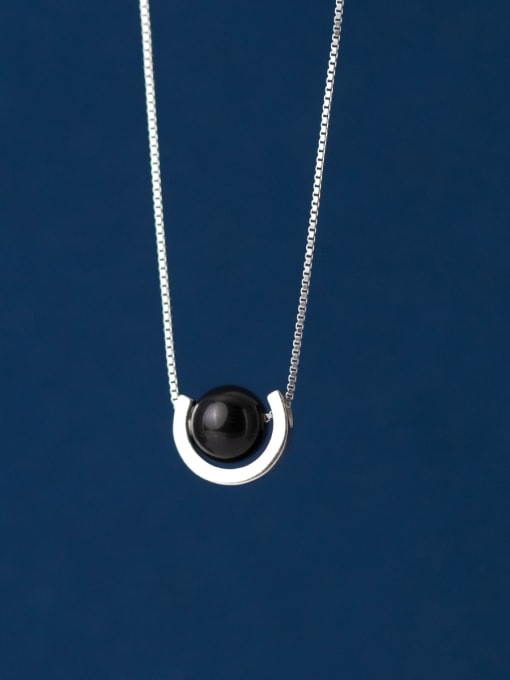 Rosh 925 Sterling Silver Obsidian U Shape Geometric Minimalist Necklace 2