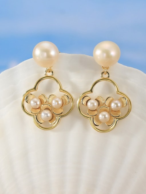 RINNTIN 925 Sterling Silver Imitation Pearl Clover Vintage Drop Earring 2