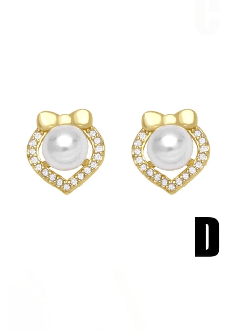 D Brass Imitation Pearl Butterfly Heart Cute Stud Earring