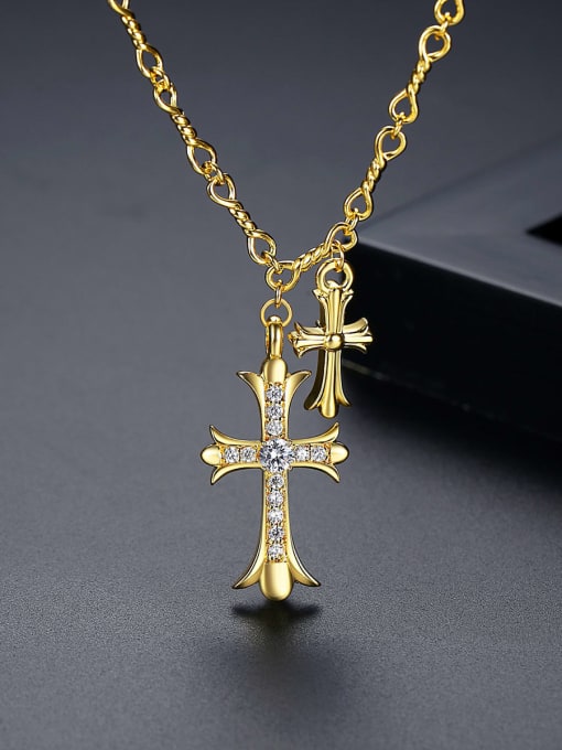 BLING SU Brass Cubic Zirconia Cross Vintage Regligious Necklace 2