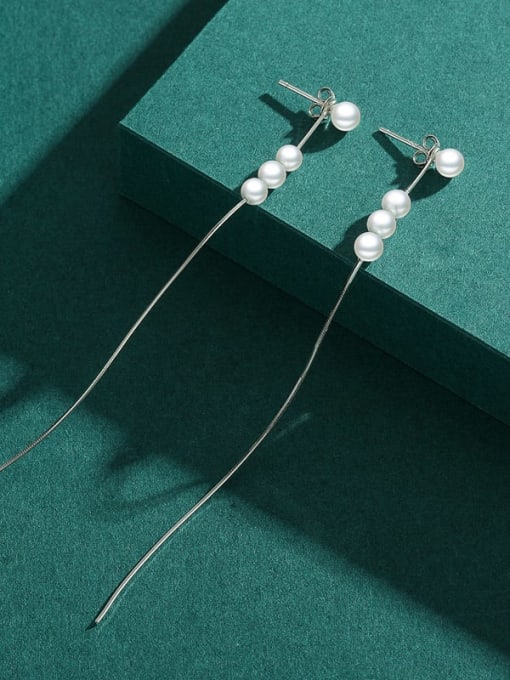 MODN 925 Sterling Silver Imitation Pearl Tassel Minimalist Threader Earring 2
