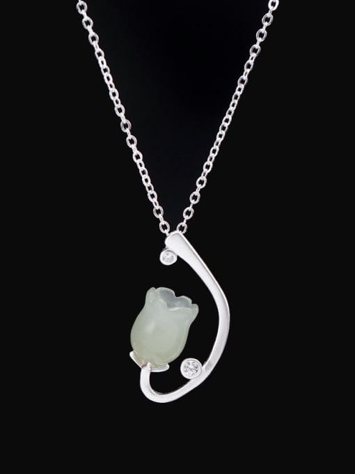 SILVER MI 925 Sterling Silver Jade Flower Minimalist Necklace