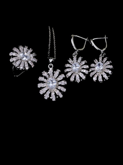White Ring Size 7 Brass Cubic Zirconia Luxury Flower  Earring Ring and Necklace Set