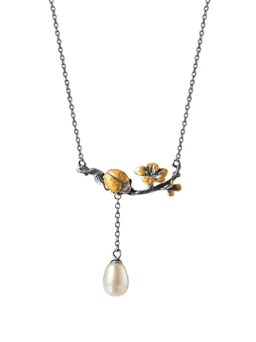 SILVER MI 925 Sterling Silver Imitation Pearl Ladybird  Flower Vintage Tassel Necklace 3