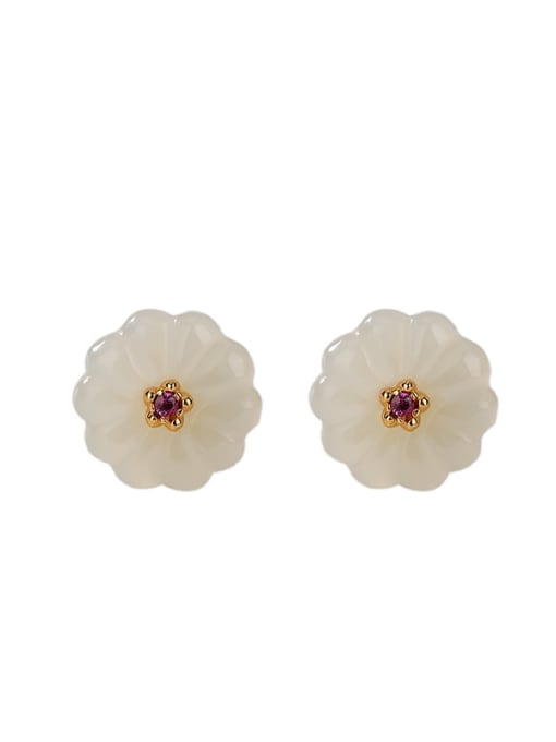 DEER 925 Sterling Silver Jade Flower Vintage Stud Earring 3