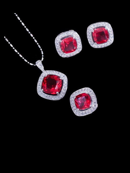 Big Red Ring US  7 Brass Cubic Zirconia Minimalist Square Earring Ring and Necklace Set