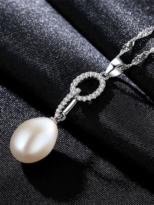 White 6A06 925 Sterling Silver  Double Ring Set With AAA Zircon  Freshwater Pearl  Pendant Necklace
