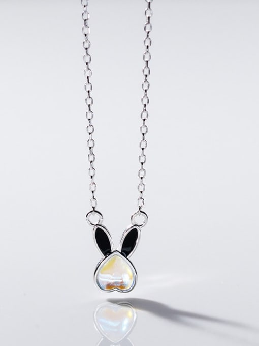 Black Drop Glue (Moonlight Stone) 925 Sterling Silver Cubic Zirconia Rabbit Minimalist Necklace