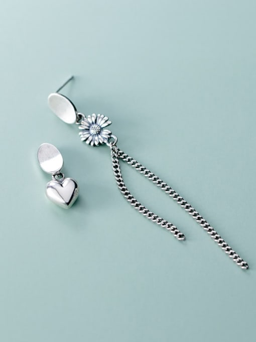 Rosh 925 Sterling Silver Retro  Daisy Asymmetric Chain Tassel Threader Earring
