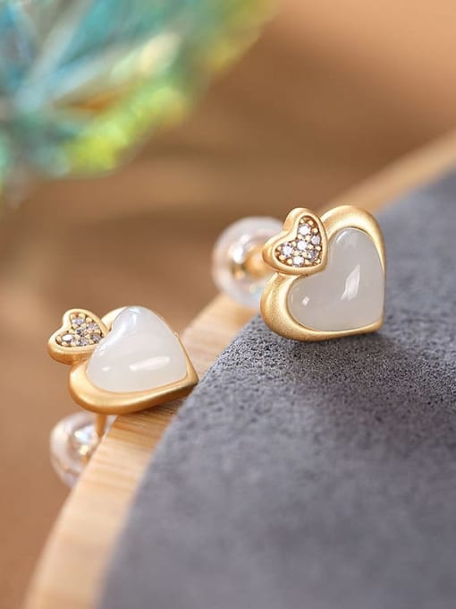 DEER 925 Sterling Silver Jade Heart Cute Stud Earring 2
