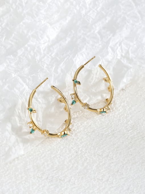Gold Leaf Earrings Brass Cubic Zirconia Round Minimalist Hoop Earring