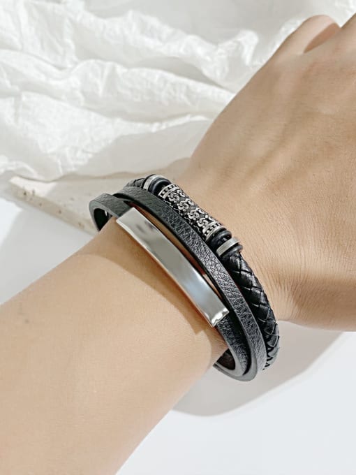 Open Sky Stainless steel Artificial Leather Geometric Hip Hop Set Bangle 3