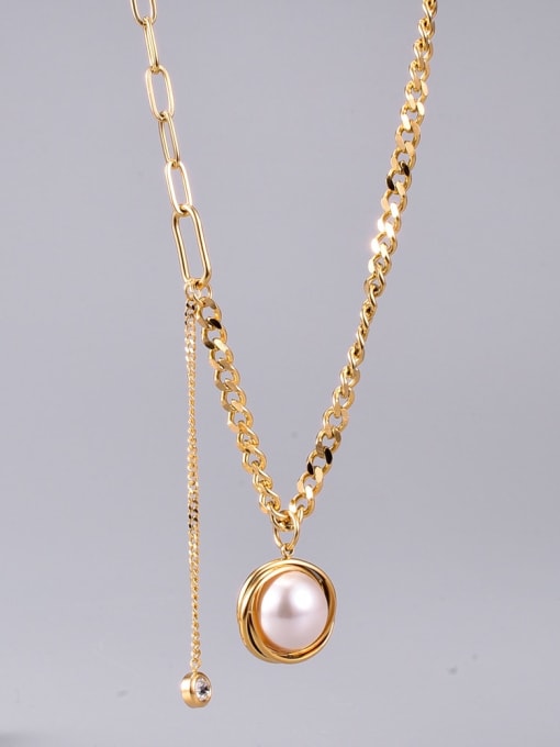 A TEEM Titanium Steel Imitation Pearl Round Vintage Necklace 0