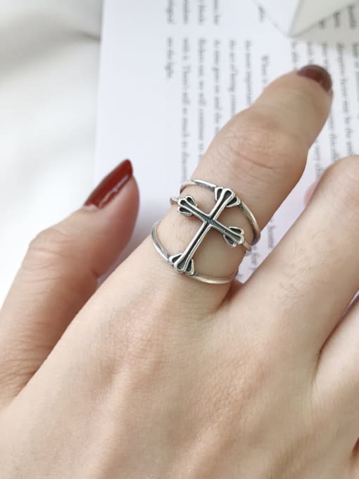 Boomer Cat 925 Sterling Silver Cross Minimalist Free Size Band Ring 0