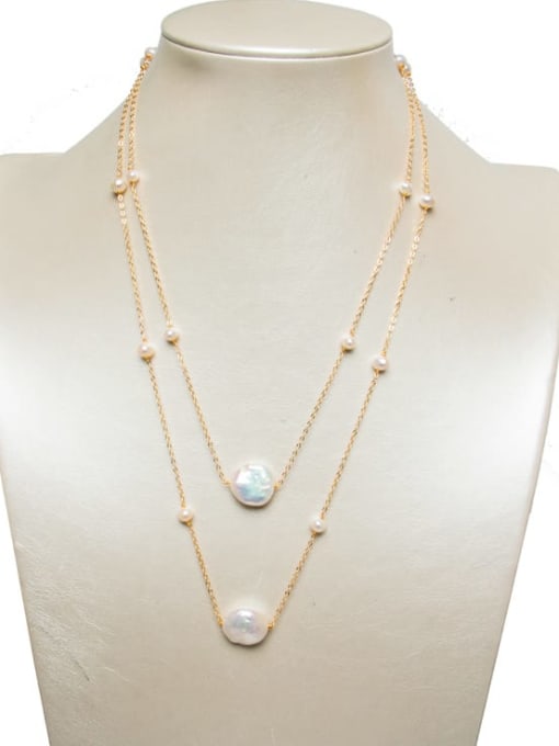 RAIN Brass Freshwater Pearl Round Vintage Peas chain double button necklace
