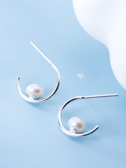 Rosh 925 Sterling Silver Imitation Pearl Simple Cute C Shape  Earring 0