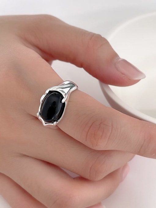 Black Agate Ring j1553 6g 925 Sterling Silver Carnelian Flower Vintage Band Ring