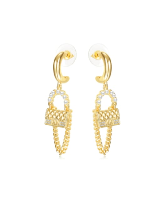 783  Gold Brass Imitation Pearl Tassel Minimalist Huggie Earring