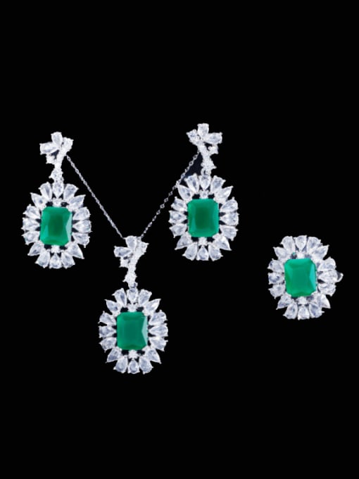 Frosted Green US 6 Brass Cubic Zirconia  Luxury Geometric Earring Ring and Necklace Set