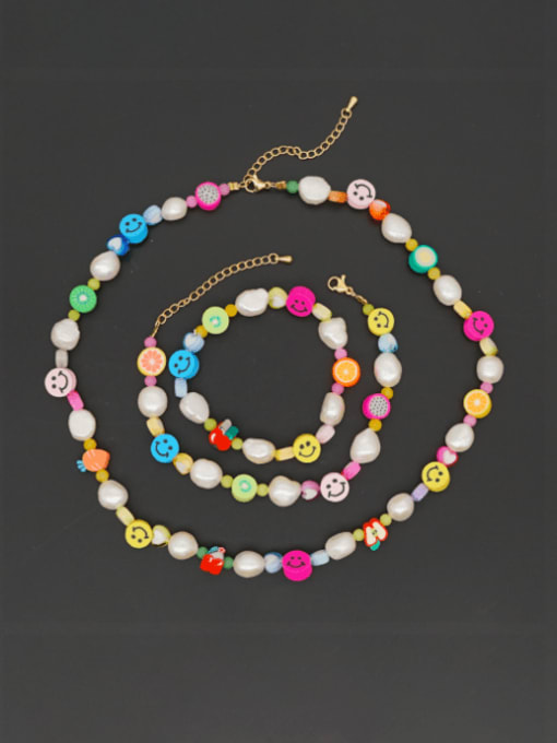 MMBEADS Stainless steel Freshwater Pearl Multi Color Polymer Clay Smiley Bohemia Necklace 0