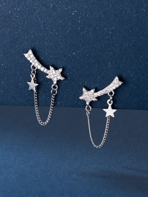 Rosh 925 Sterling Silver Cubic Zirconia Star Tassel Chain Minimalist Drop Earring 0