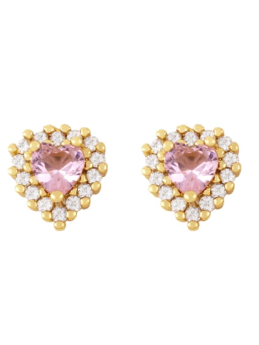 Pink Brass Cubic Zirconia Heart Cute Stud Earring